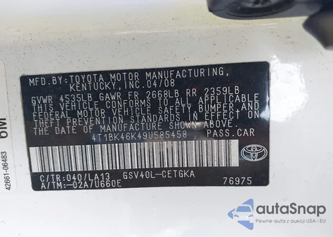 2009 Toyota Camry Xle V6 z USA, uszkodzony, nr VIN 4T1BK46K49U585458